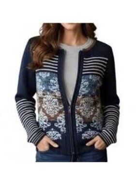 Anthropologie Sparrow Navy Zip Cardigan Sweater Floral Striped Wool Mohair Small